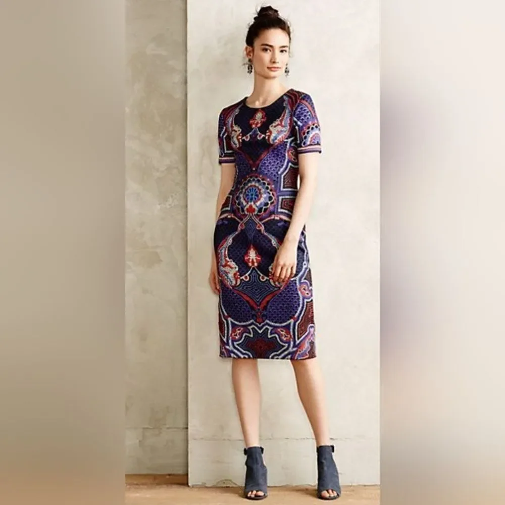 Pankaj & Nidhi Fitted Short Sleeve Scuba Dress, Mosaic Print, Size 2